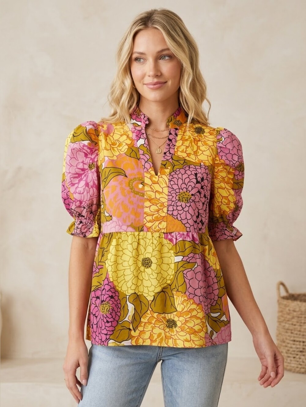 THML Retro Floral Print Puff Sleeve Top High Neck Ruffle Cutout Babydoll XS